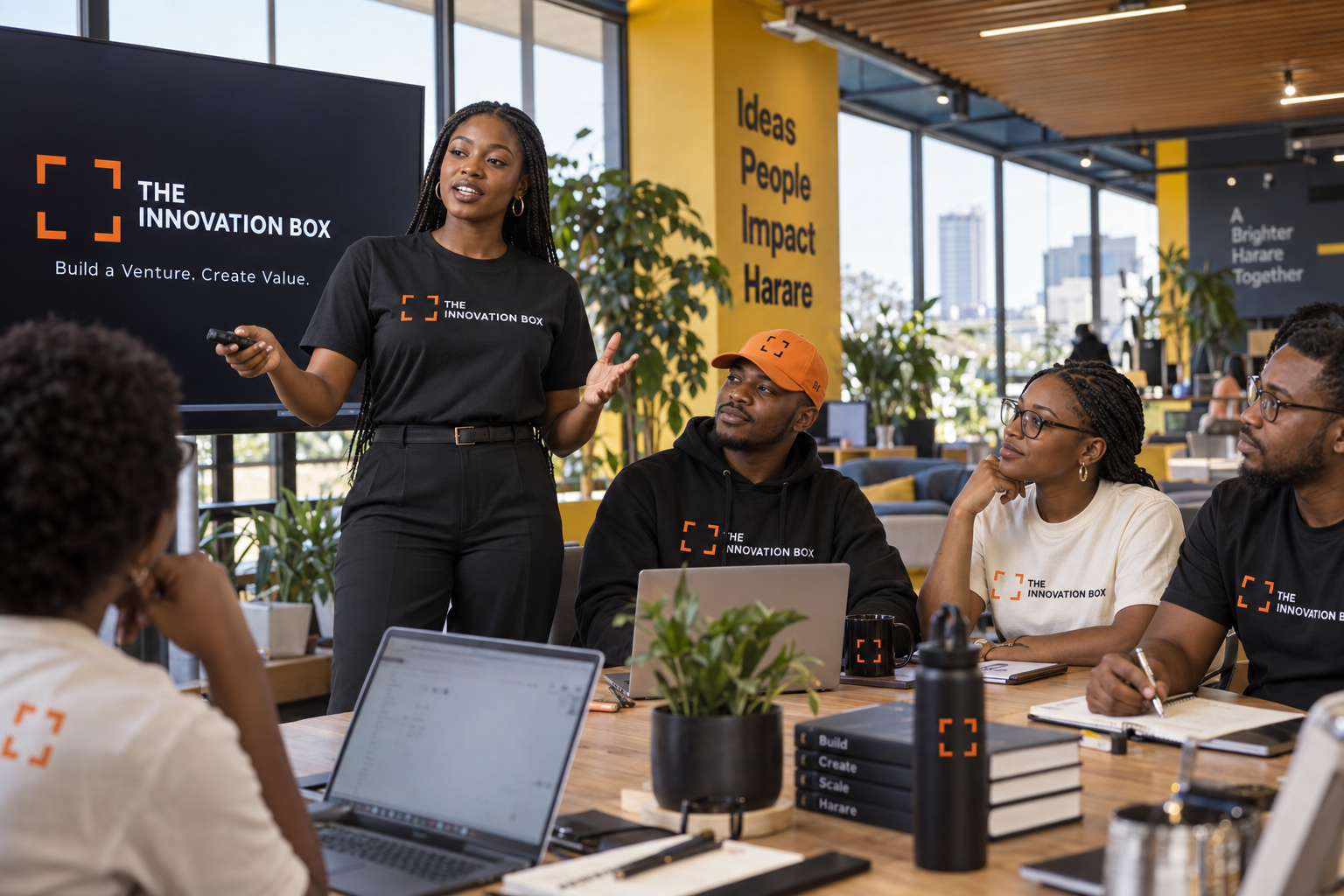 An Innovation Box founder presenting to a technology team in Harare